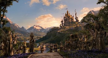 Movie still from “Bridge to Terabithia” (2007), directed by Gabor Csupo – A group of people standing in front of a castle on top of a hill; Extreme Wide shot, Low angle