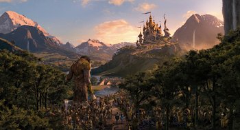 Movie still from “Bridge to Terabithia” (2007), directed by Gabor Csupo – A group of people standing around a castle on top of a hill; Extreme Wide shot, Low angle