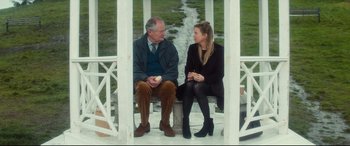Movie still from “Bridget Jones's Baby” (2016), directed by Sharon Maguire – A man and a woman sitting on top of a bench; Medium shot, Over the shoulder angle