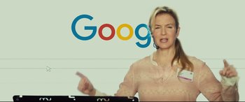 Movie still from “Bridget Jones's Baby” (2016), directed by Sharon Maguire – A woman in front of the google logo; Close Up shot, Low angle