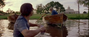 Movie still from “Bridget Jones's Diary” (2001), directed by Sharon Maguire – Two people in a boat on a river; Wide shot, Over the shoulder angle