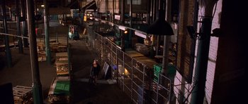 Movie still from “Bridget Jones's Diary” (2001), directed by Sharon Maguire – A woman standing next to a metal fence in the dark; Extreme Wide shot, High angle