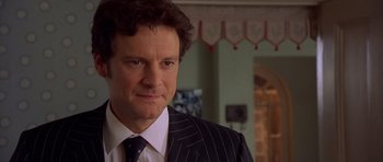 Movie still from “Bridget Jones's Diary” (2001), directed by Sharon Maguire – A man wearing a suit and tie in front of a mirror; Close Up shot, Over the shoulder angle