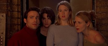 Movie still from “Bridget Jones's Diary” (2001), directed by Sharon Maguire – A group of people standing next to each other in a room; Close Up shot, Low angle