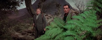 Movie still from “Brigadoon” (1954), directed by Vincente Minnelli – Two men standing next to each other near a tree; Medium shot, Low angle