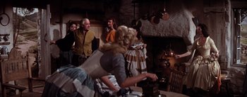 Movie still from “Brigadoon” (1954), directed by Vincente Minnelli – A group of people standing in a room with pots; Medium shot, Over the shoulder angle