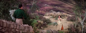 Movie still from “Brigadoon” (1954), directed by Vincente Minnelli – A woman sitting on the ground in a field; Wide shot, High angle