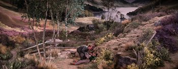 Movie still from “Brigadoon” (1954), directed by Vincente Minnelli – A man and a woman in the woods; Extreme Wide shot, High angle