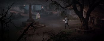 Movie still from “Brigadoon” (1954), directed by Vincente Minnelli – A man and a woman are playing a game in the dark; Extreme Wide shot, High angle