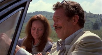 Movie still from “Bring Me the Head of Alfredo Garcia” (1974), directed by Sam Peckinpah – A man and a woman sitting next to each other; Close Up shot, Low angle