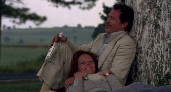 Movie still from “Bring Me the Head of Alfredo Garcia” (1974), directed by Sam Peckinpah – A man and a woman sitting next to each other holding a bottle; Medium shot, Low angle
