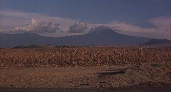 Movie still from “Bring Me the Head of Alfredo Garcia” (1974), directed by Sam Peckinpah – A field of corn is in front of a mountain range; Extreme Wide shot, High angle