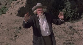 Movie still from “Bring Me the Head of Alfredo Garcia” (1974), directed by Sam Peckinpah – An old man with a beard and a cowboy hat; Medium shot, High angle