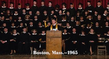 Movie still from “Broadcast News” (1987), directed by James L. Brooks – A group of people wearing graduation caps and gowns; Wide shot, High angle