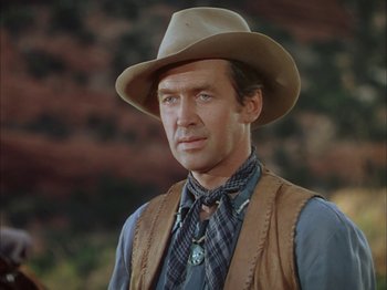 Movie still from “Broken Arrow” (1950), directed by Delmer Daves – A man wearing a cowboy hat and a vest; Close Up shot, Low angle