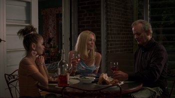 Movie still from “Broken Flowers” (2005), directed by Jim Jarmusch – A group of people sitting at a table with wine glasses; Medium shot, Over the shoulder angle