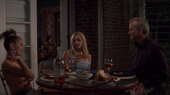 Movie still from “Broken Flowers” (2005), directed by Jim Jarmusch – A woman sitting at a table with a glass of wine; Medium shot, Over the shoulder angle