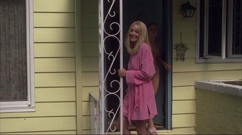 Movie still from “Broken Flowers” (2005), directed by Jim Jarmusch – A woman in a pink bathrobe standing in front of a door; Medium shot, Low angle