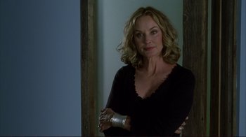 Movie still from “Broken Flowers” (2005), directed by Jim Jarmusch – A woman standing in front of a mirror with her arms crossed; Close Up shot, Low angle