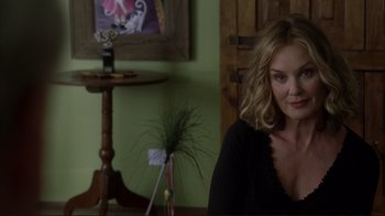 Movie still from “Broken Flowers” (2005), directed by Jim Jarmusch – A woman sitting in front of a wooden table; Close Up shot, Over the shoulder angle