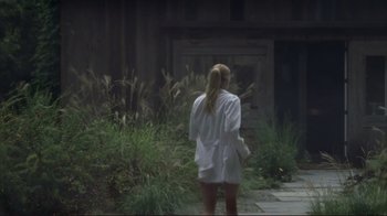 Movie still from “Broken Flowers” (2005), directed by Jim Jarmusch – A woman in a white shirt is walking outside; Wide shot, Over the shoulder angle