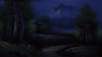 Movie still from “Broken Flowers” (2005), directed by Jim Jarmusch – A painting of a mountain and a lake at night; Extreme Wide shot, High angle