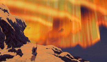 Movie still from “Brother Bear” (2003), directed by Robert Walker – An illustration of a person standing on top of a mountain; Extreme Wide shot, Low angle