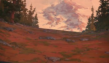 A painting of a field with trees in the background