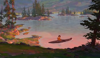 Movie still from “Brother Bear” (2003), directed by Robert Walker – A painting of a person in a canoe on a body of water; Extreme Wide shot, High angle