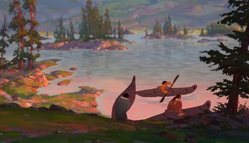 Movie still from “Brother Bear” (2003), directed by Robert Walker – A painting of two people in a canoe on a lake; Extreme Wide shot, High angle