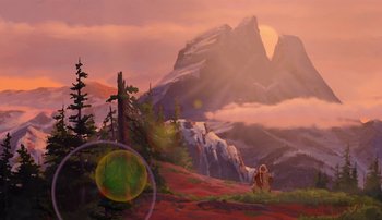 Movie still from “Brother Bear” (2003), directed by Robert Walker – A painting of a mountain scene with trees and mountains in the background; Extreme Wide shot, Low angle