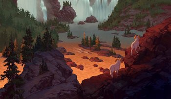 Movie still from “Brother Bear” (2003), directed by Robert Walker – A painting of two horses standing on a rocky shore; Extreme Wide shot, High angle