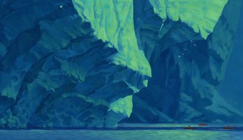 Movie still from “Brother Bear” (2003), directed by Robert Walker – A painting of a boat in the water near a mountain; Extreme Wide shot, Low angle