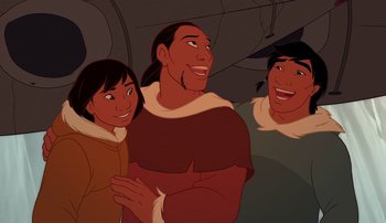 Movie still from “Brother Bear” (2003), directed by Robert Walker – A group of people standing next to each other in a room; Medium shot, High angle