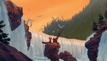 Movie still from “Brother Bear” (2003), directed by Robert Walker – A painting of two people sitting on top of a cliff; Extreme Wide shot, Low angle