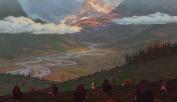 Movie still from “Brother Bear” (2003), directed by Robert Walker – An artistic painting of a mountain valley with a river running through it; Extreme Wide shot, Low angle