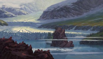 Movie still from “Brother Bear” (2003), directed by Robert Walker – An oil painting of a mountain and a lake; Extreme Wide shot, High angle