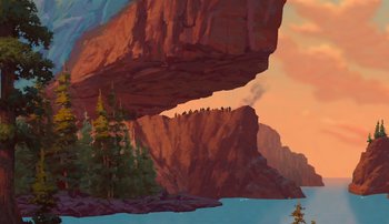 Movie still from “Brother Bear” (2003), directed by Robert Walker – An oil painting of people standing on the side of a cliff; Extreme Wide shot, High angle