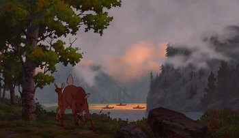 Movie still from “Brother Bear” (2003), directed by Robert Walker – A painting of a deer grazing in a field with boats in the background; Extreme Wide shot, High angle