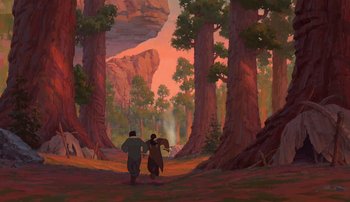 Movie still from “Brother Bear” (2003), directed by Robert Walker – A painting of a man and a woman walking through a forest; Extreme Wide shot, High angle