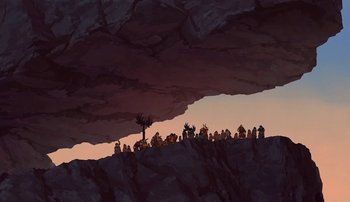 Movie still from “Brother Bear” (2003), directed by Robert Walker – A group of people standing on top of a cliff; Extreme Wide shot, Low angle
