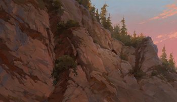 Movie still from “Brother Bear” (2003), directed by Robert Walker – A painting of trees on the side of a cliff; Extreme Wide shot, Low angle