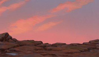 Movie still from “Brother Bear” (2003), directed by Robert Walker – A painting of a pink sky and some rocks; Extreme Wide shot, Low angle