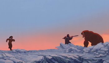 Movie still from “Brother Bear” (2003), directed by Robert Walker – A painting of a man holding an object in his hand; Extreme Wide shot, Low angle