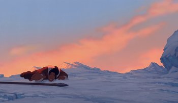 Movie still from “Brother Bear” (2003), directed by Robert Walker – A man is laying on a snowboard in the snow; Extreme Wide shot, Low angle