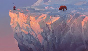 Movie still from “Brother Bear” (2003), directed by Robert Walker – A painting of a brown bear standing on top of a mountain; Extreme Wide shot, Low angle