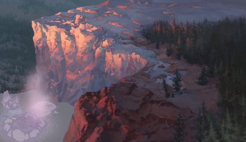 Movie still from “Brother Bear” (2003), directed by Robert Walker – An aerial view of a mountain range with trees in the background; Extreme Wide shot, High angle