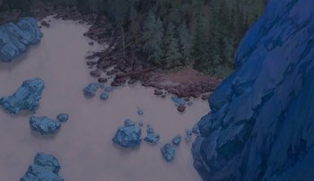Movie still from “Brother Bear” (2003), directed by Robert Walker – An aerial view of a body of water with rocks and trees in the background; Extreme Wide shot, Overhead angle