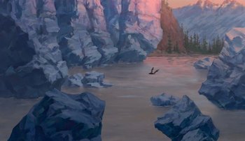 Movie still from “Brother Bear” (2003), directed by Robert Walker – An oil painting of a bird flying over a river; Extreme Wide shot, High angle