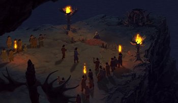 Movie still from “Brother Bear” (2003), directed by Robert Walker – A group of people standing in the middle of a field; Extreme Wide shot, High angle